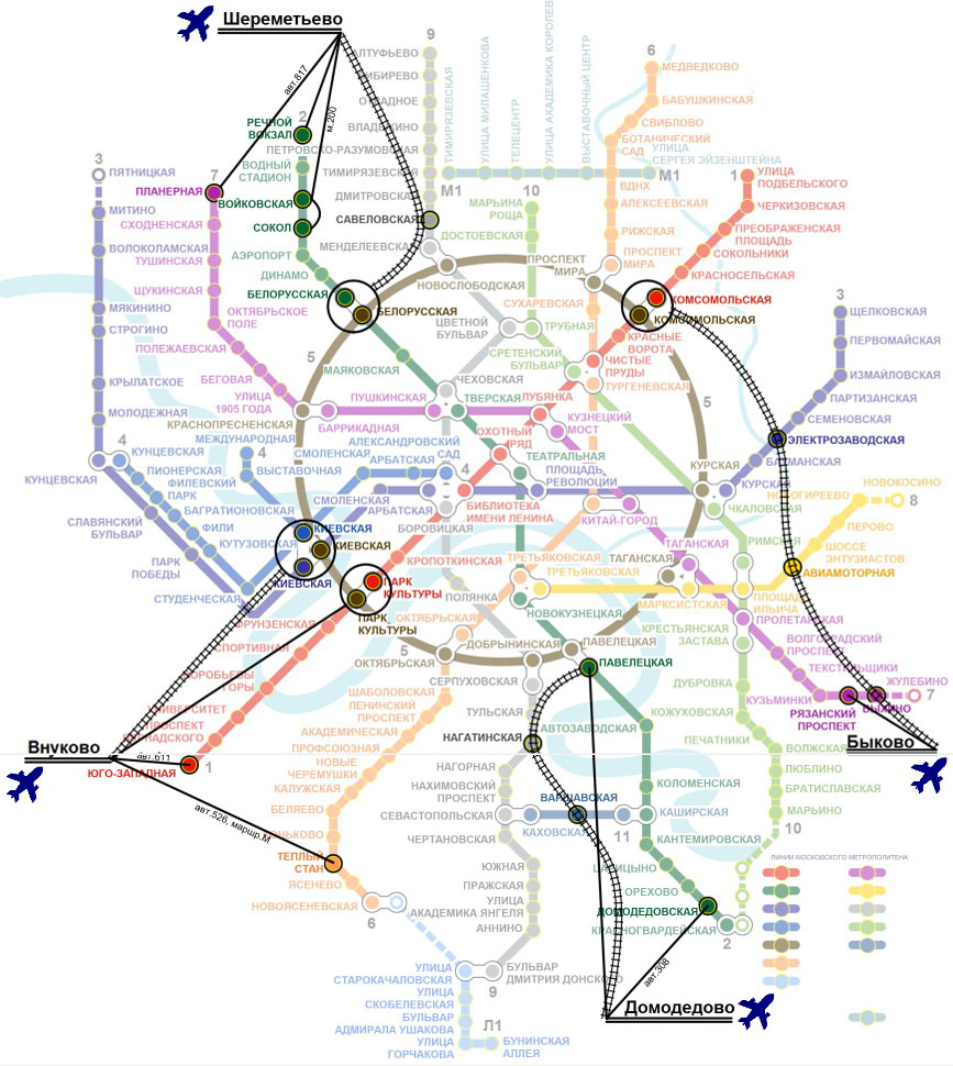 Схема линий скоростного транспорта Москвы - аэропорты