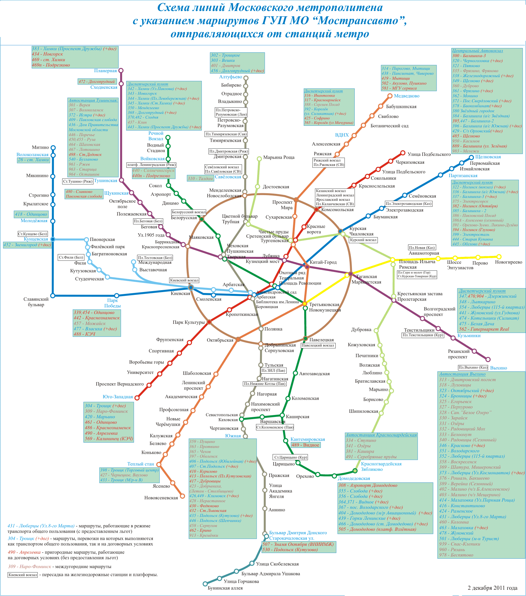 Схема линий Московского метрополитена
с указанием маршрутов ГУП МО Мострансавто
отправляющихся от станций метро